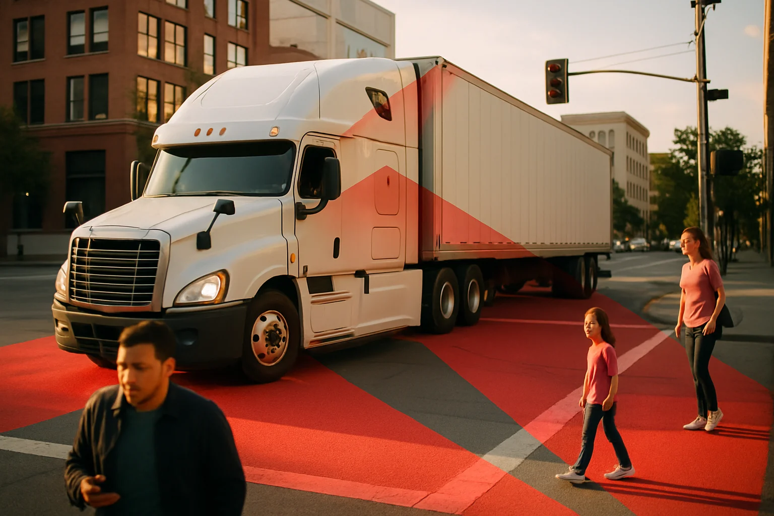 大型車輛轉彎時的視線死角示意圖，標示出危險區域範圍