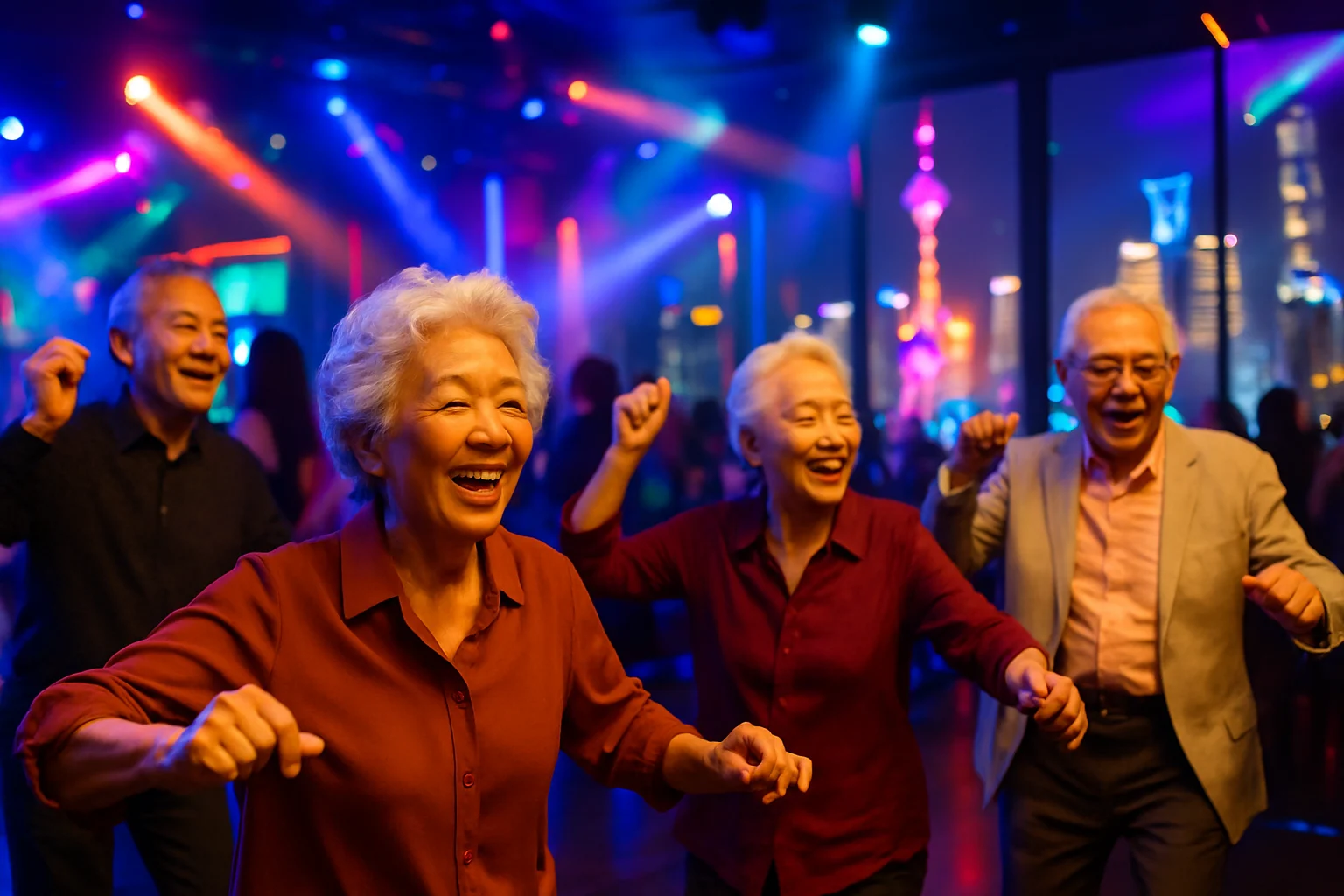 老年人在现代化健身房使用智能健身设备锻炼