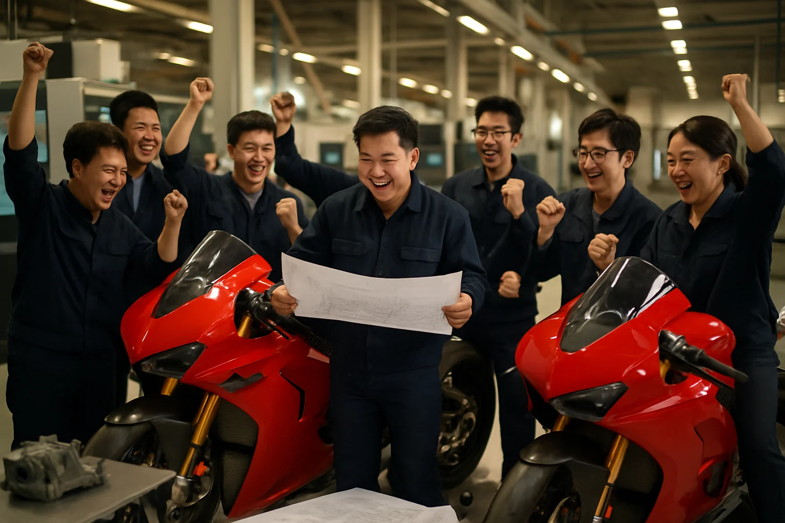 中国工程师团队在分析摩托车发动机图纸和零部件