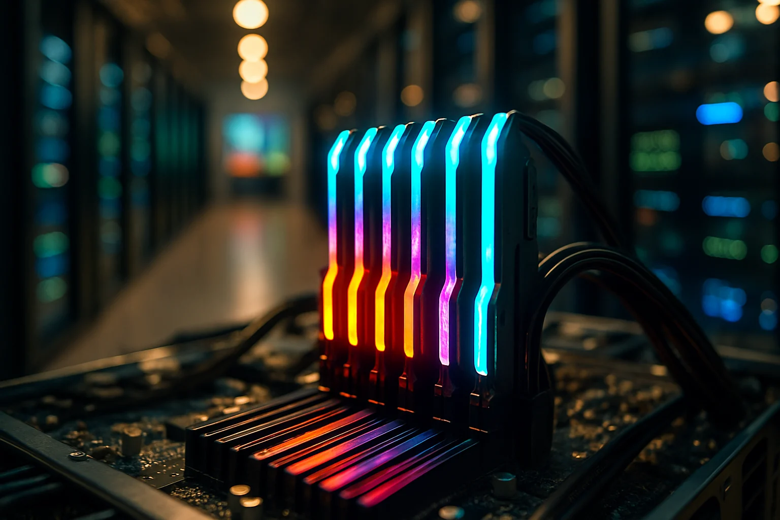 AI伺服器機房中的高速記憶體模組特寫