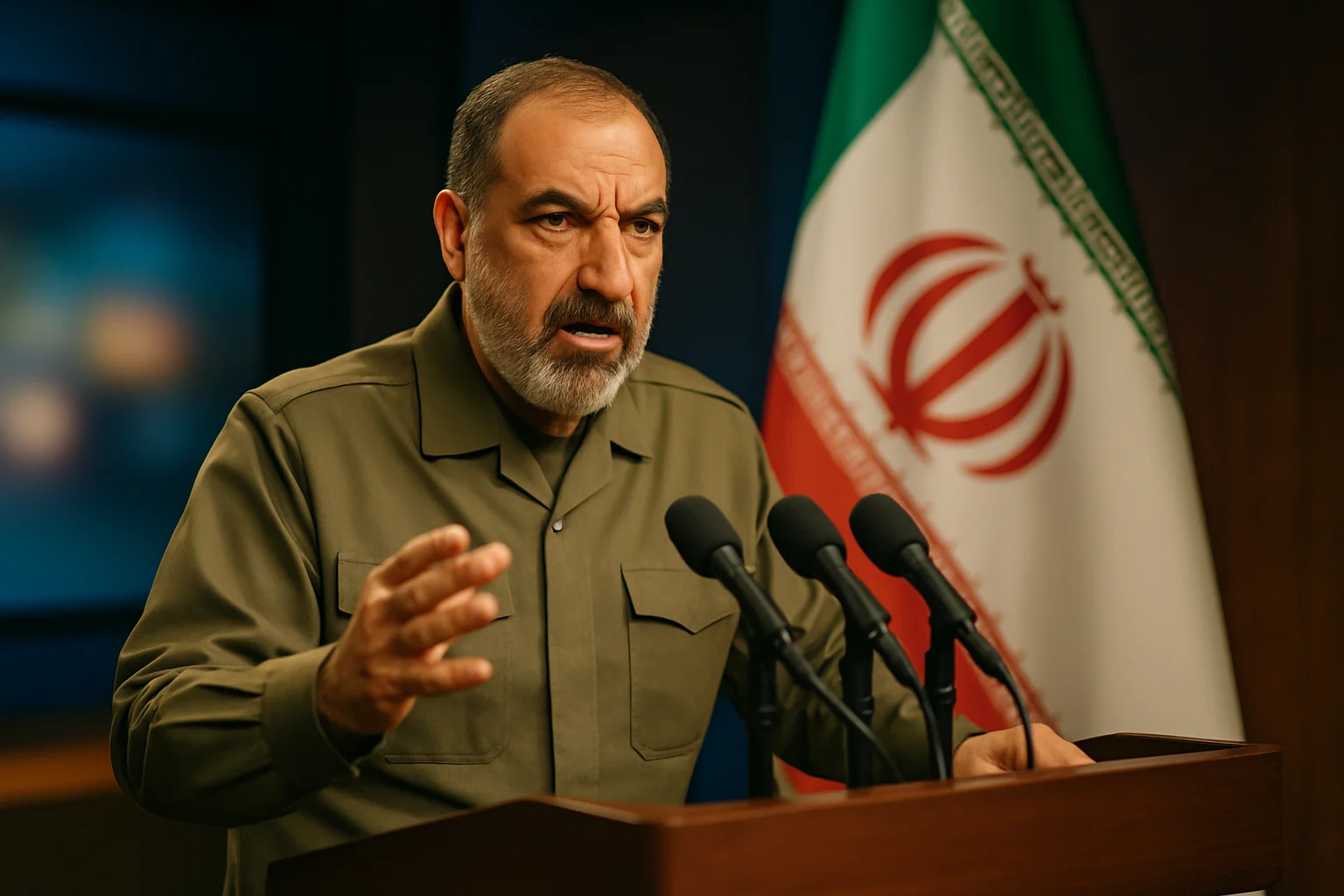 伊朗軍事顧問雷扎伊在電視台發表強硬講話的畫面