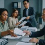 基层干部办公室场景，桌上堆叠等待审批的文件，体现层层请示的行政现象