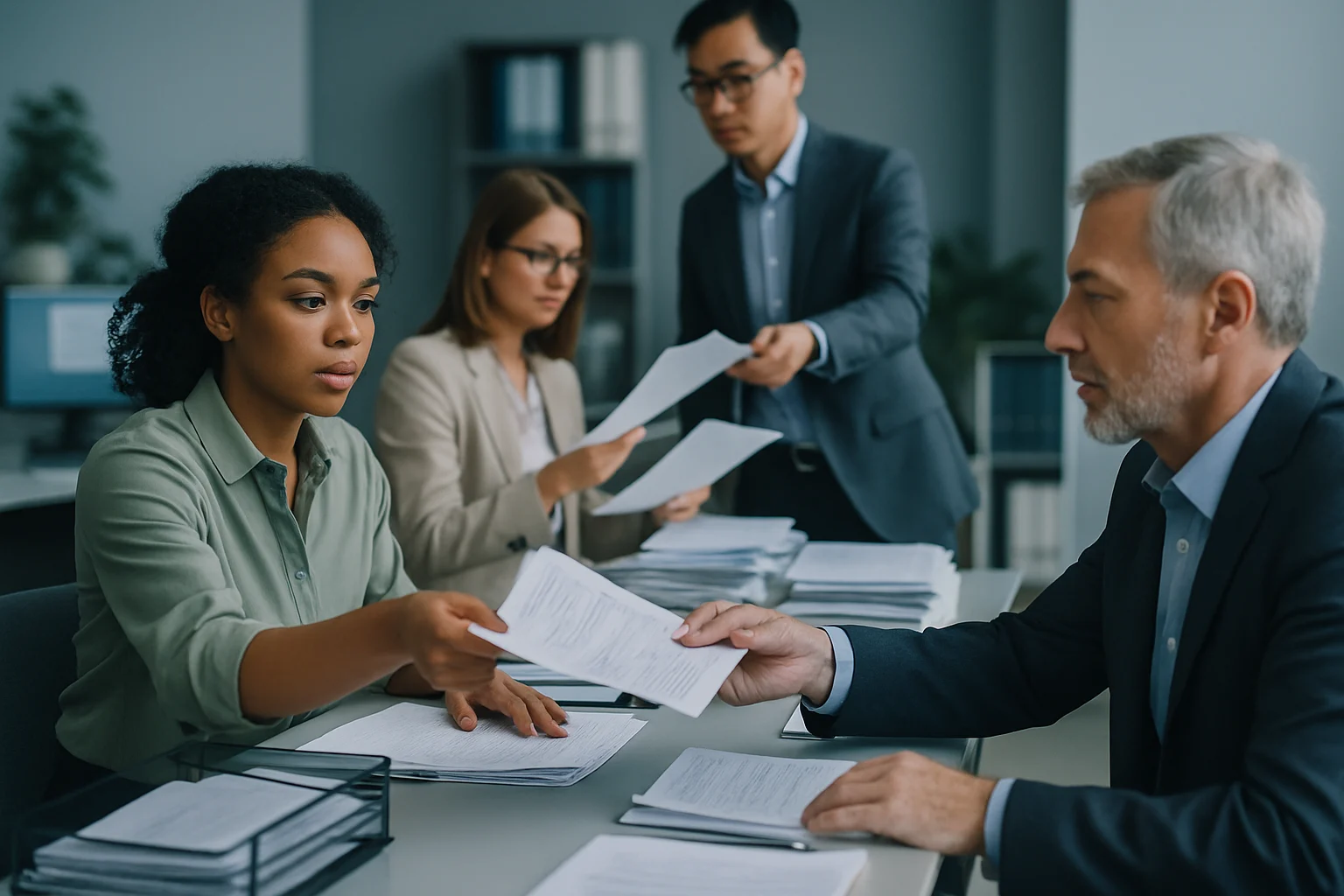 基层干部办公室场景,桌上堆叠等待审批的文件,体现层层请示的行政现象