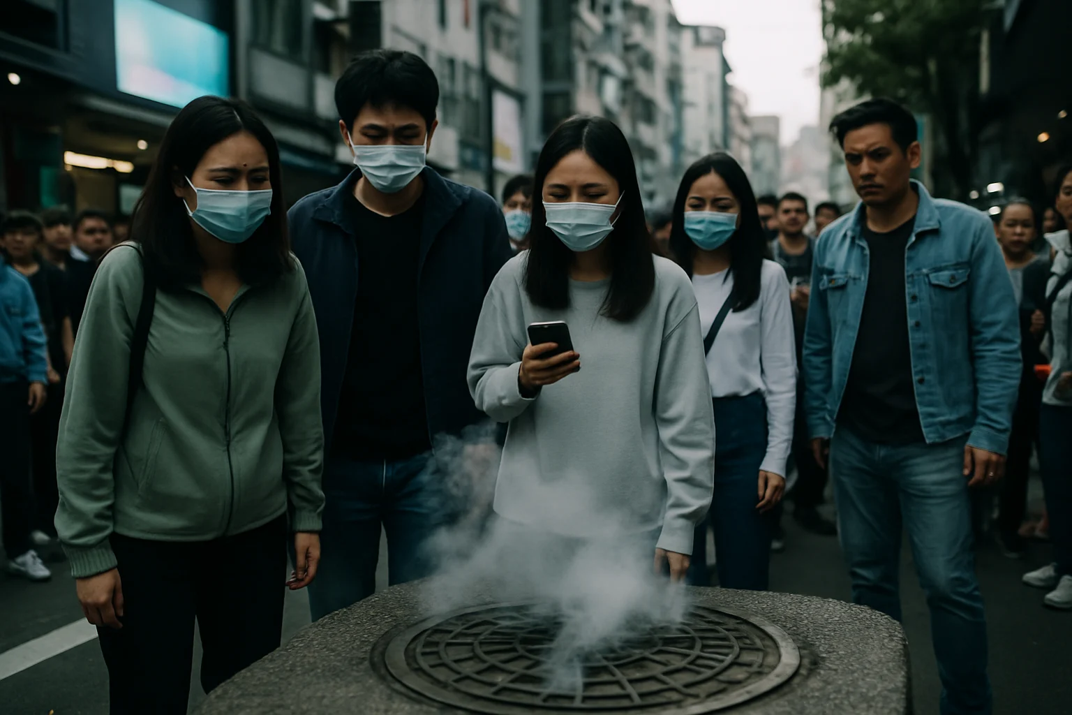 台中市一中商圈街道人孔蓋冒煙停電現場,民眾圍觀