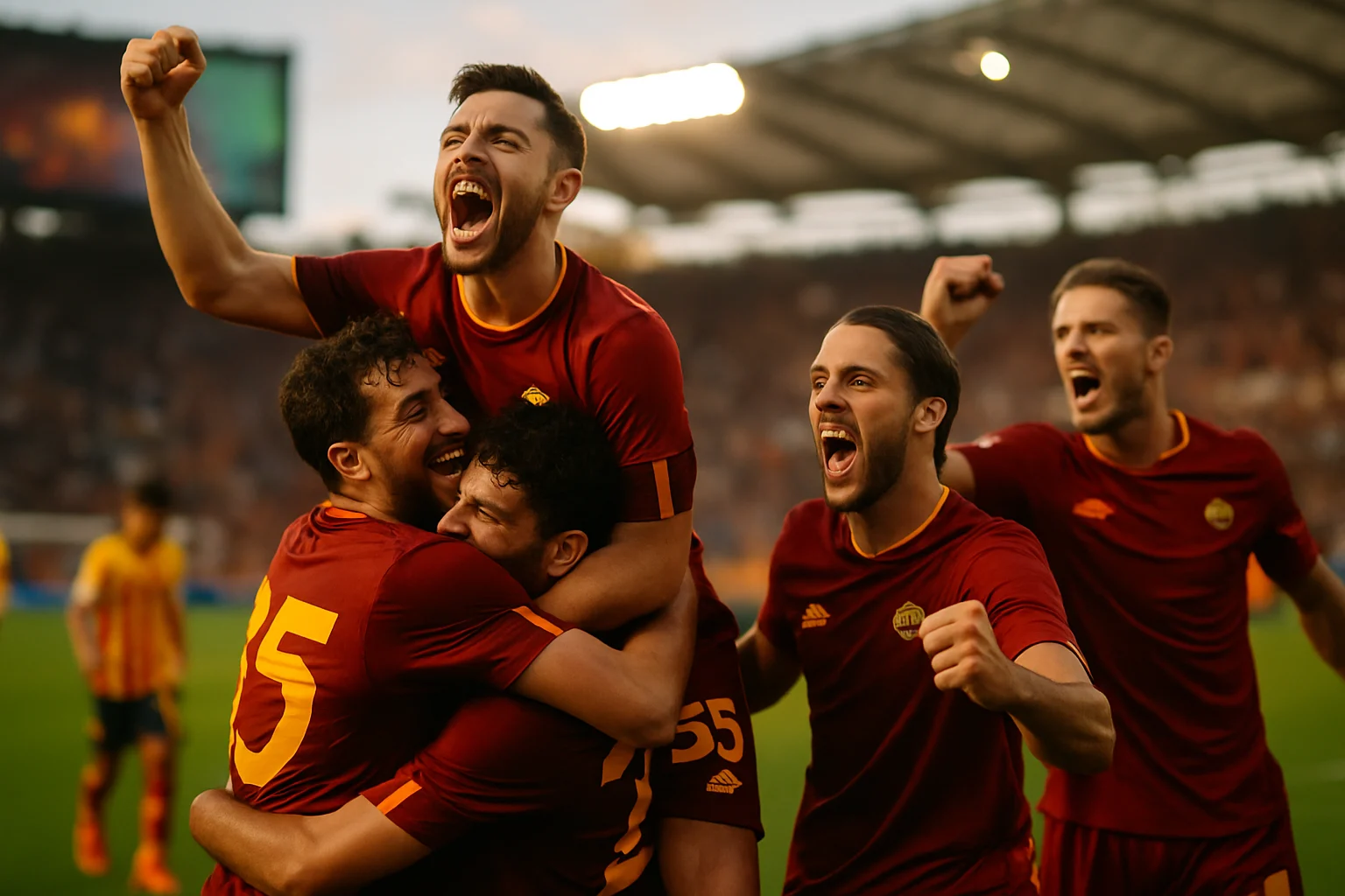 AS Roma players celebrating victory against Lecce with renewed confidence