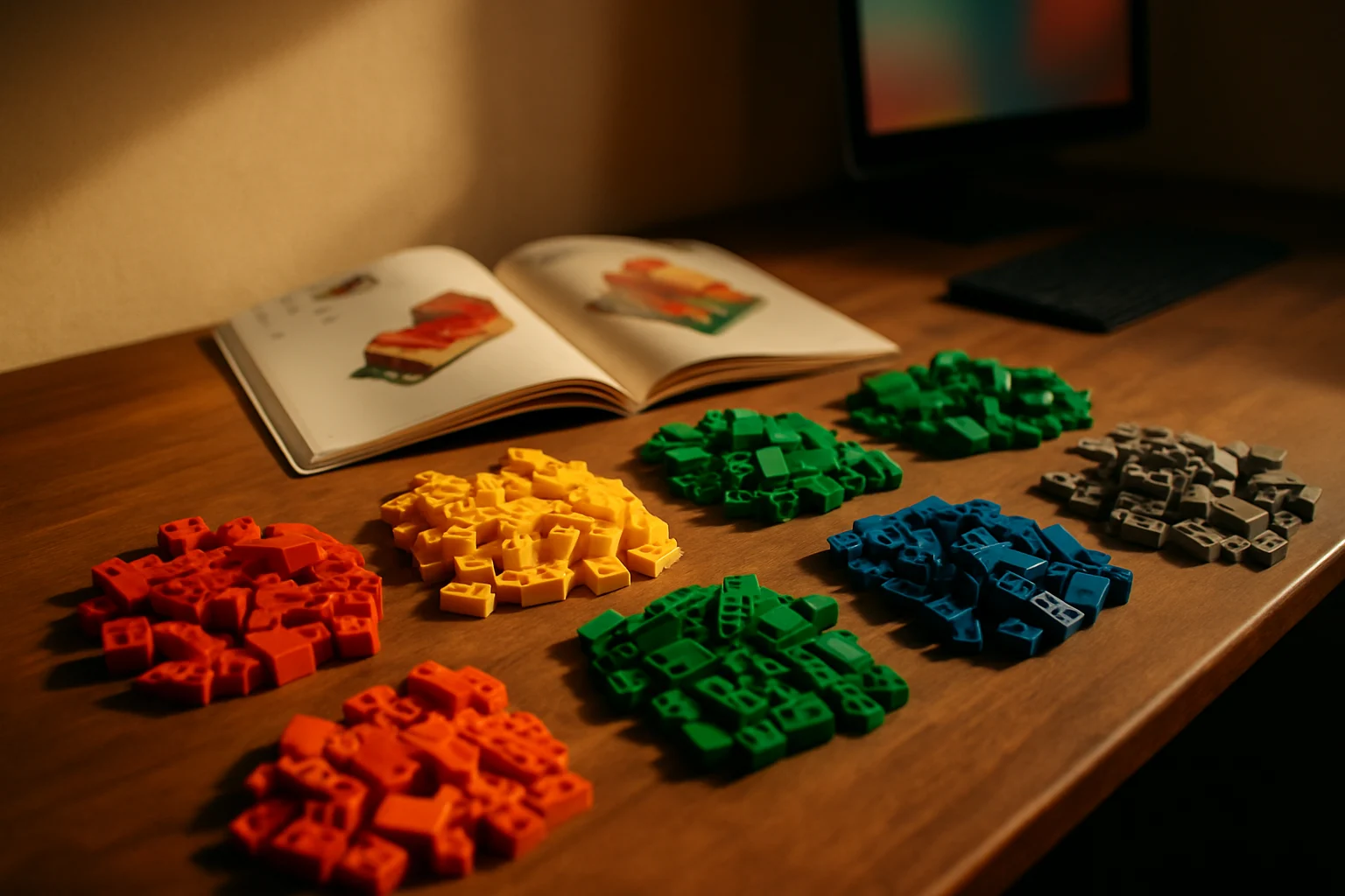 桌面上按顏色整齊分類好的樂高零件與說明書，準備開始組裝積木