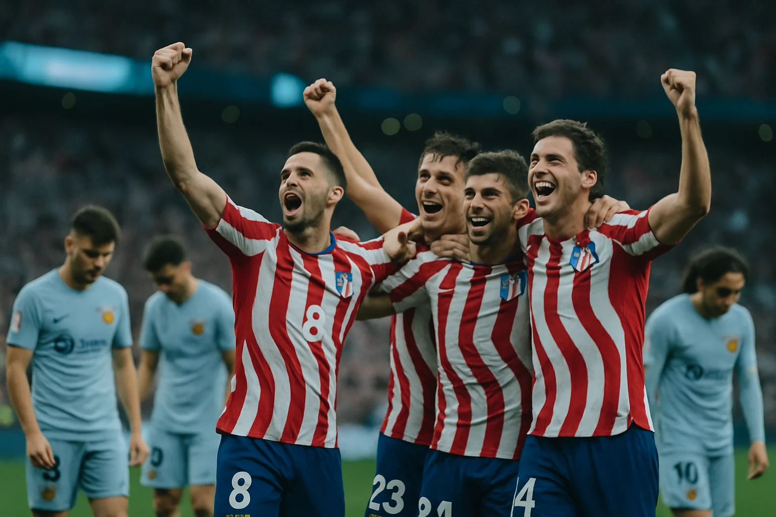 馬德里競技球員在大都會球場慶祝進球的激動場面