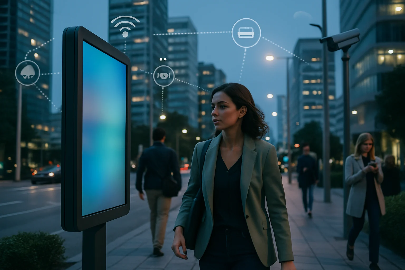 Thành phố thông minh với nhiều cảm biến IoT và màn hình hiển thị dữ liệu dự báo thời gian thực trên các tòa nhà