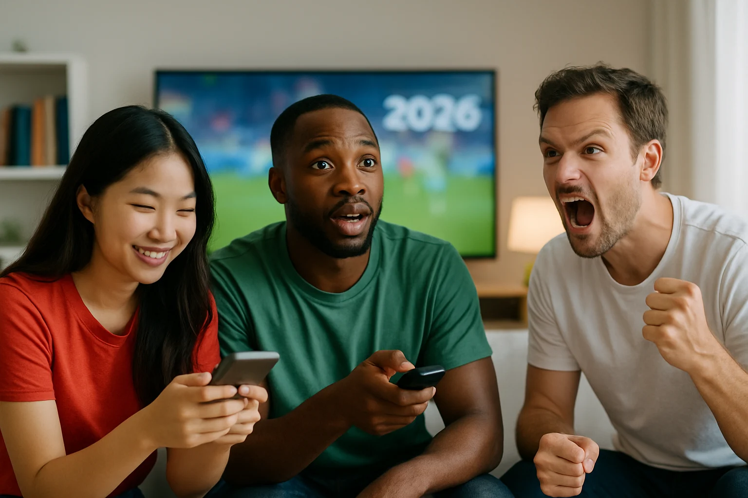 Màn hình tivi hiển thị trận đấu trực tiếp World Cup 2026 với chất lượng hình ảnh HD sắc nét