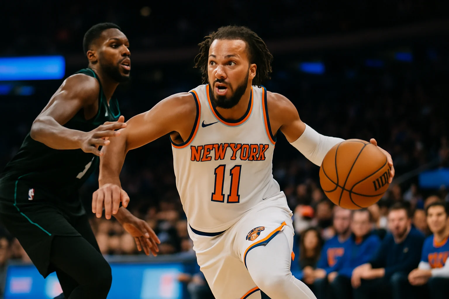 Jalen Brunson of the New York Knicks driving to the basket against Atlanta Hawks defenders during the 2026 NBA Playoffs