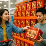 好市多日式餅乾陳列在貨架上，包裝精美吸引消費者目光