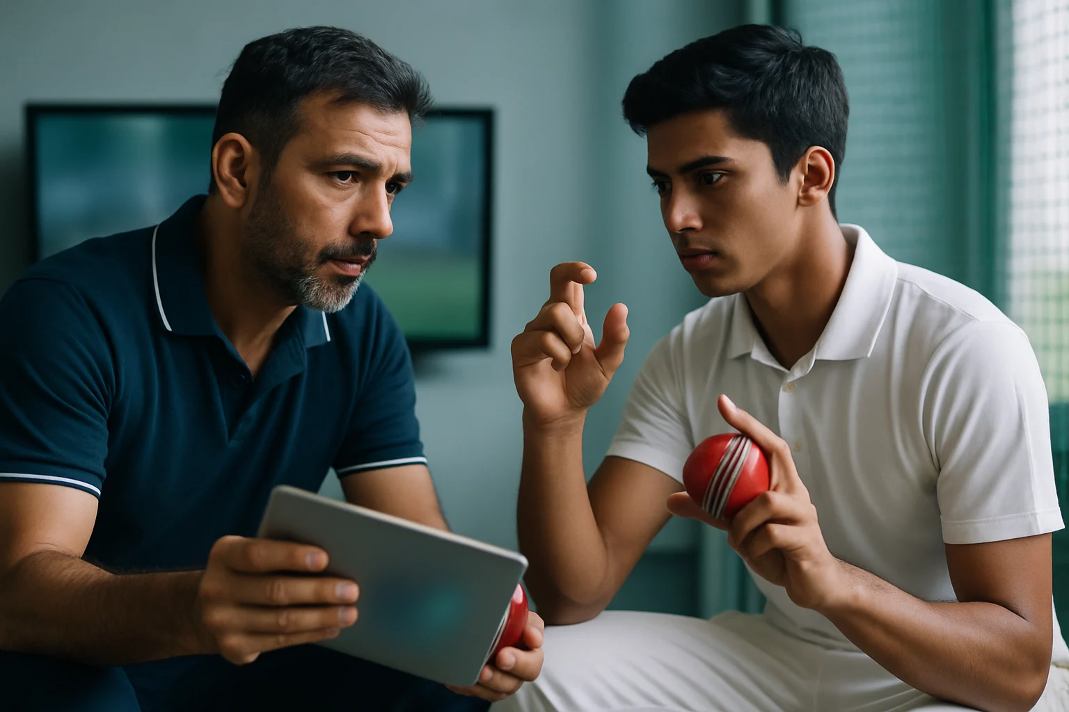 गेंदबाजी तकनीक प्रशिक्षण सेशन में कोच और खिलाड़ी