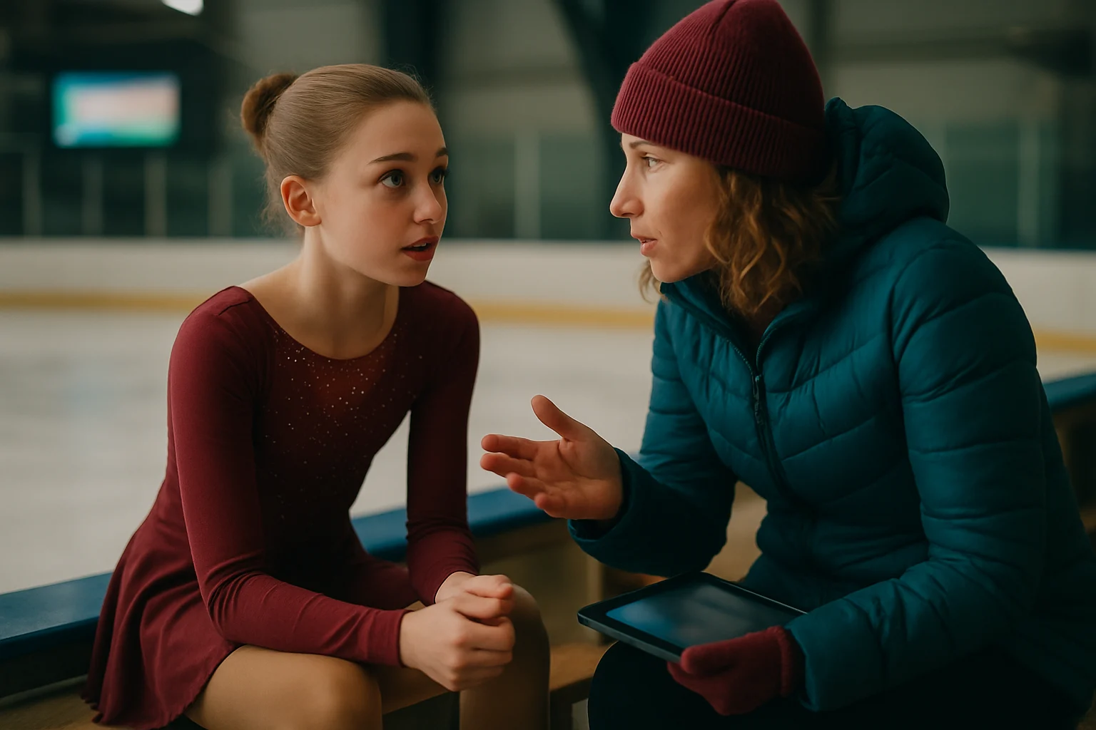 三浦璃来がカナダのリンクでコーチ陣と技術的な話し合いをしている様子