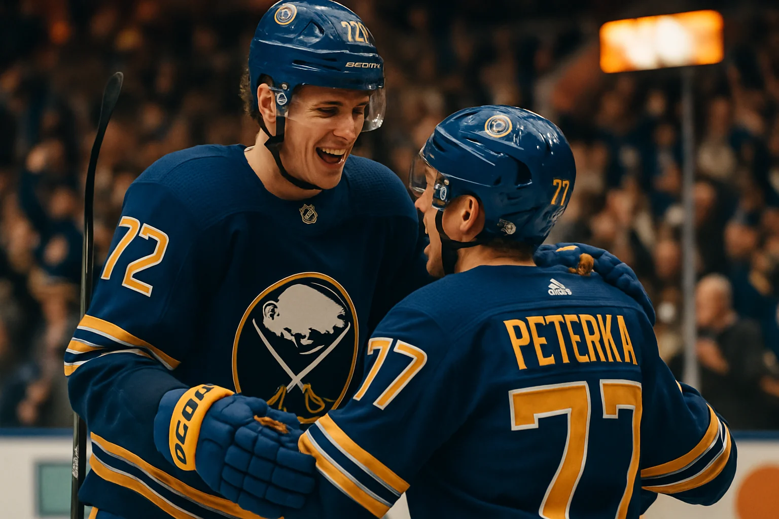 Tage Thompson and JJ Peterka celebrating a goal during the 2026 Buffalo Sabres playoff run