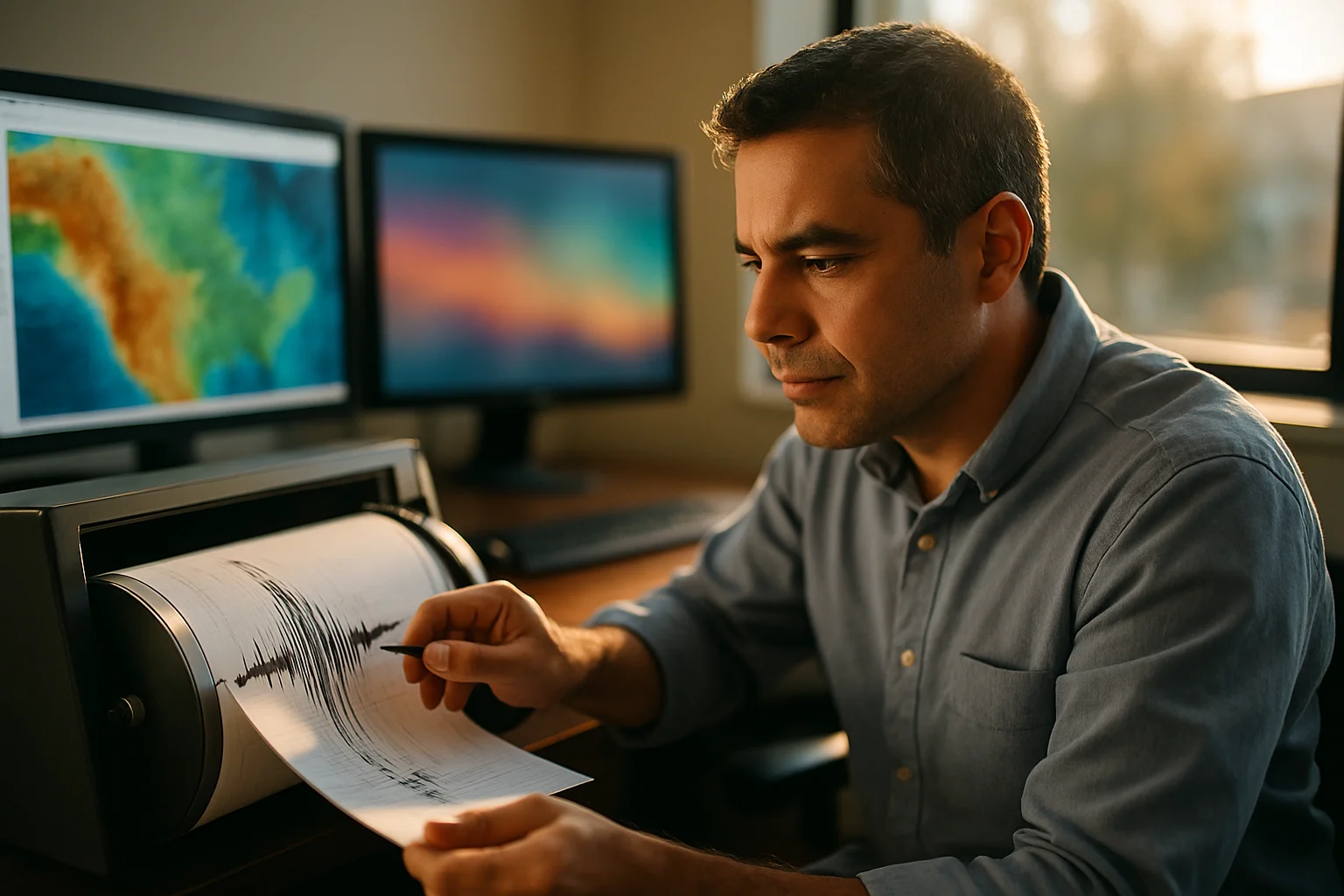 现代化地震监测台站设备，显示地震波记录仪和数据传输系统