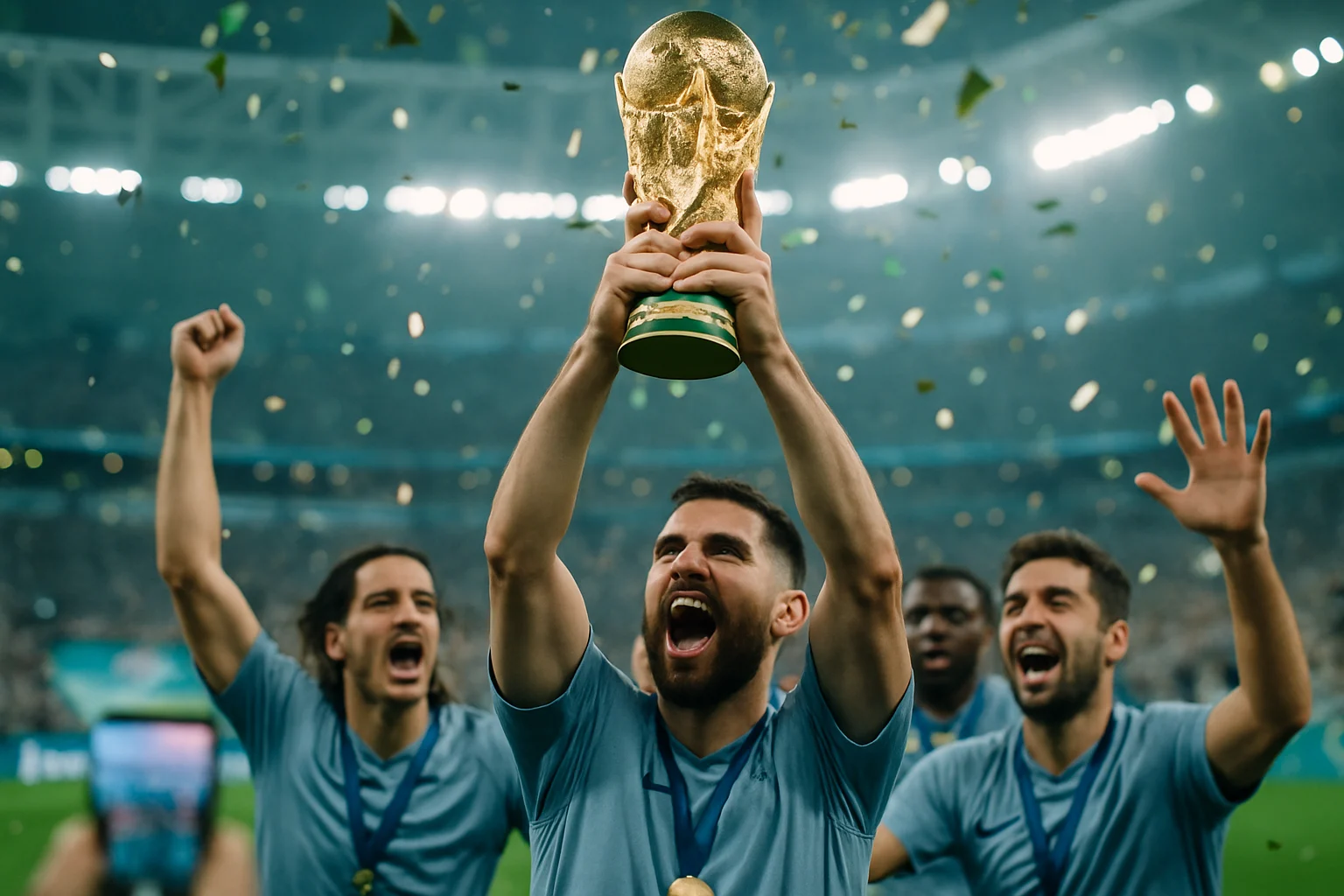 1970年巴西世界盃冠軍隊慶祝奪冠瞬間,比利高舉雷米特盃