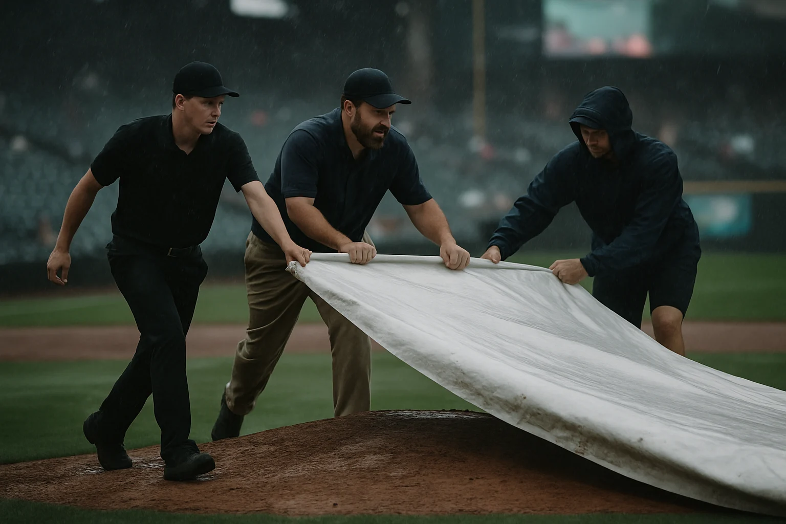 雨で中断された野球場のマウンドの様子