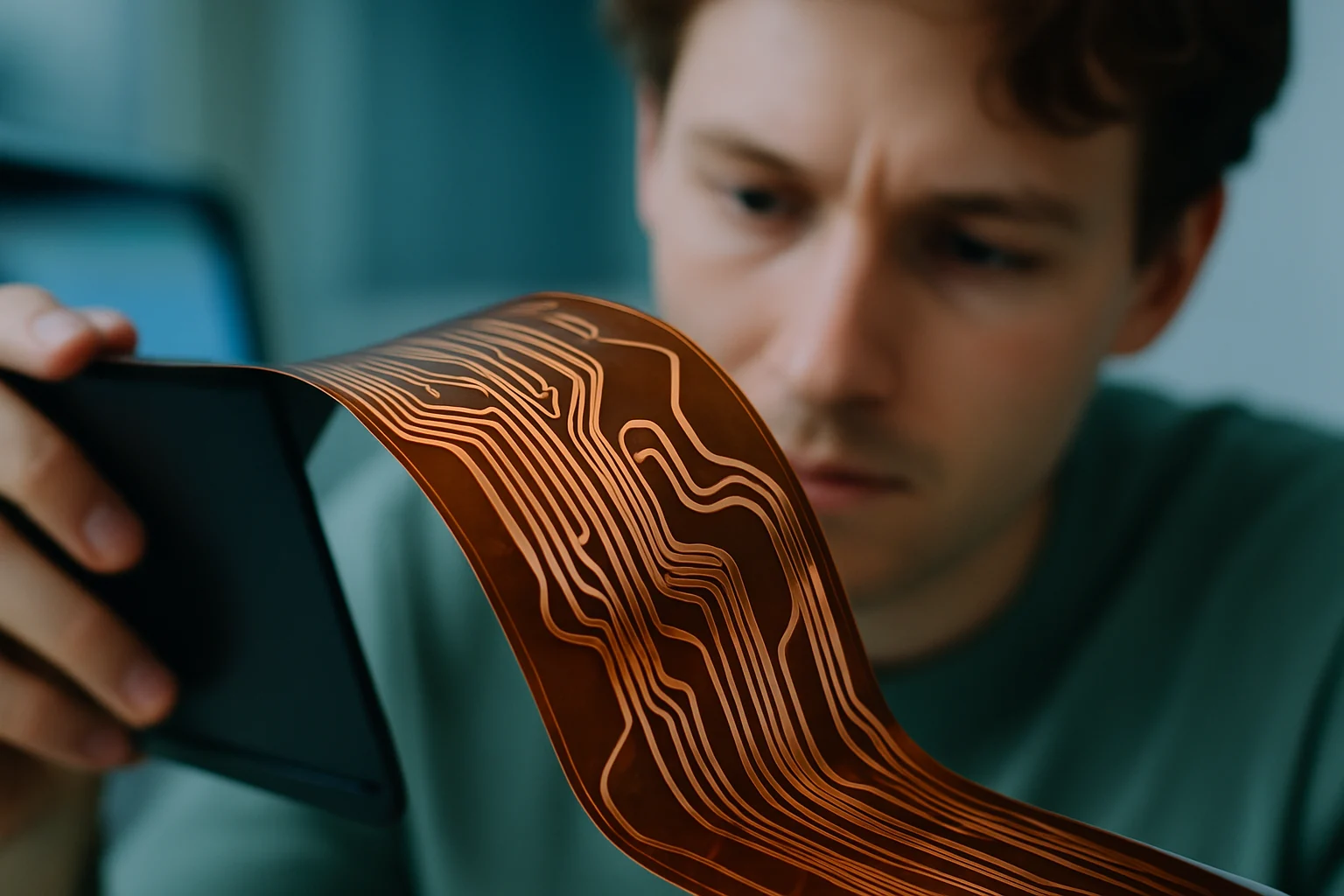 未來科技應用中的柔性銅箔電路，展現可彎曲的電子設備內部結構