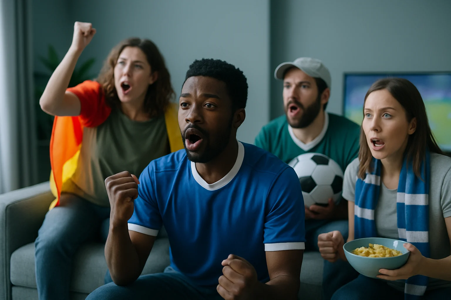 足球迷在客廳用大螢幕電視觀看世界盃直播，茶几上放著零食和飲料