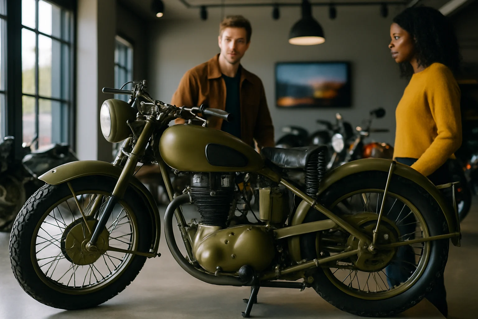 Royal Enfield Flying Flea C6 displayed in showroom with price tag and financing options visible