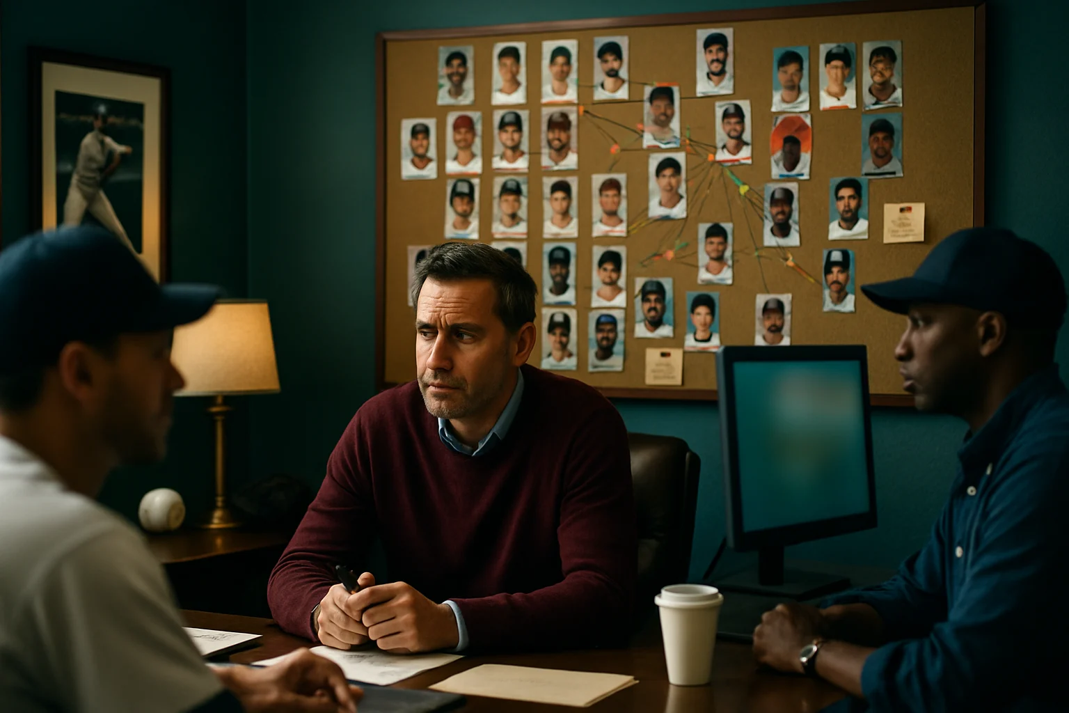 MLBトレード市場の様子を表すイメージ、複数チームのロゴと選手の写真が並んでいる