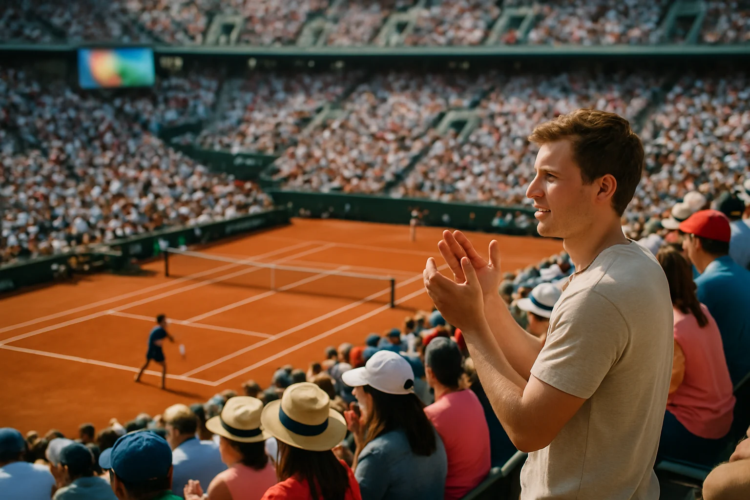 斯圖加特公開賽紅土球場全景,觀眾席座無虛席,球員在場上激烈對戰