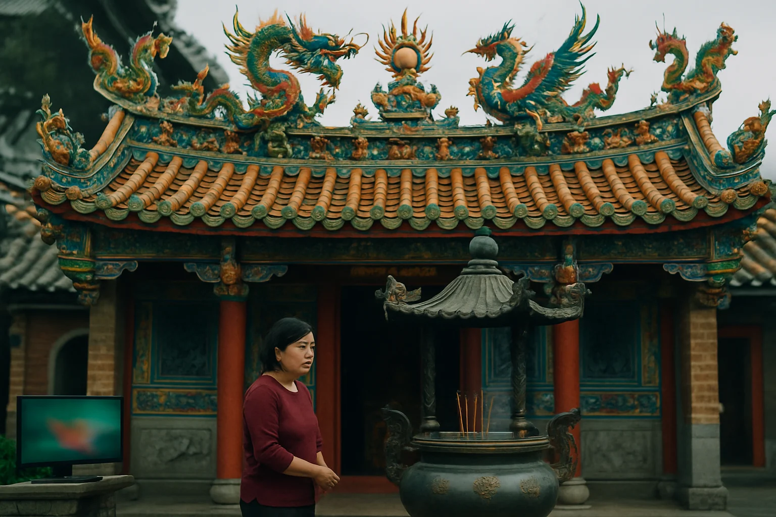 白沙屯媽祖進香隊伍浩浩蕩蕩行走在台灣鄉間道路上，香燈腳們虔誠跟隨神轎