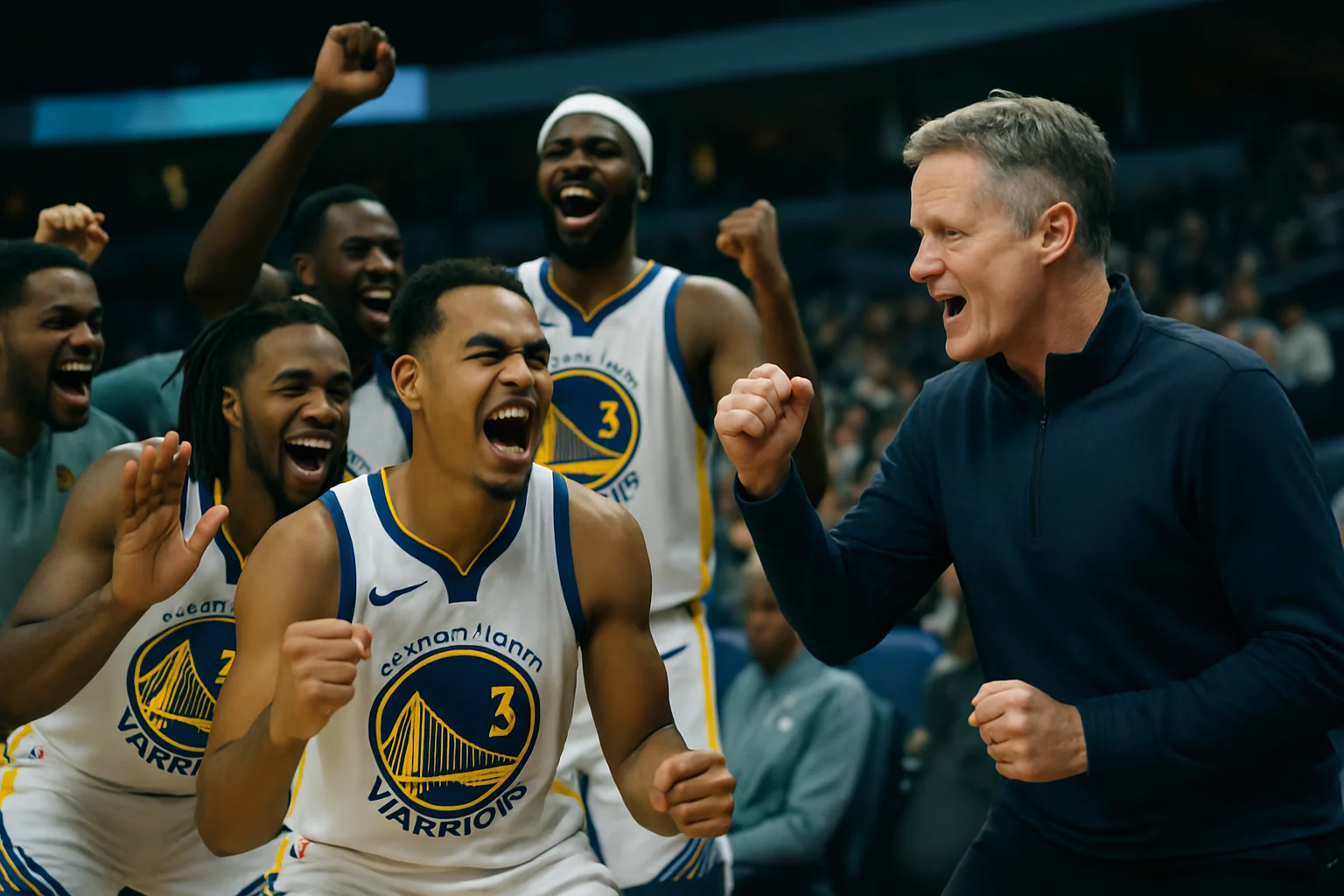 Warriors bench celebrating during timeout with coaching staff gesturing plays on whiteboard