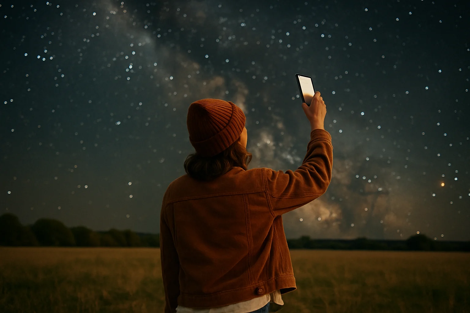 Open dark field under star-filled night sky with reclining chair and red torch beside it, set up for meteor shower watching