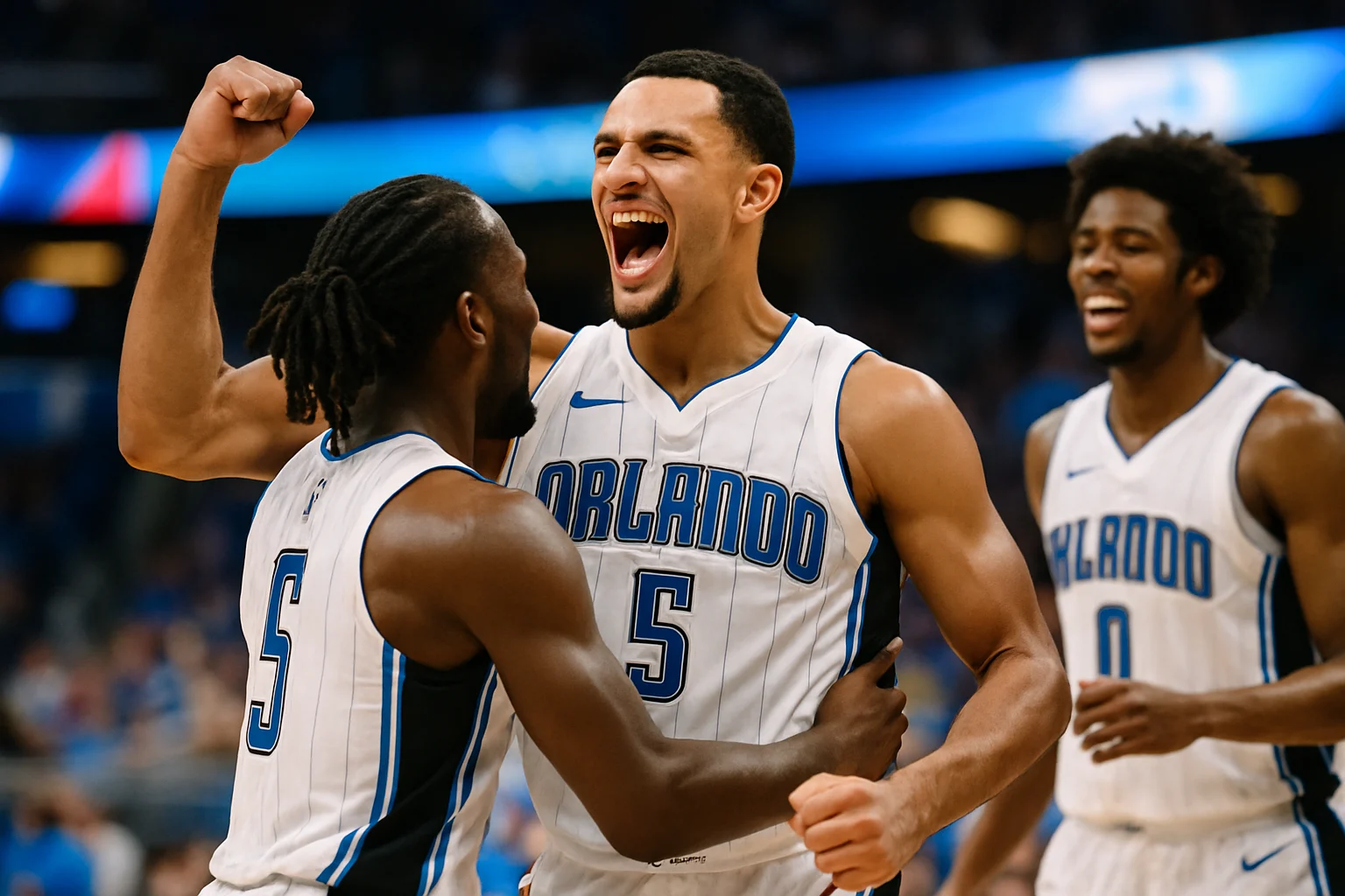 Jalen Suggs celebrating with Orlando Magic teammates after a clutch playoff win in 2026