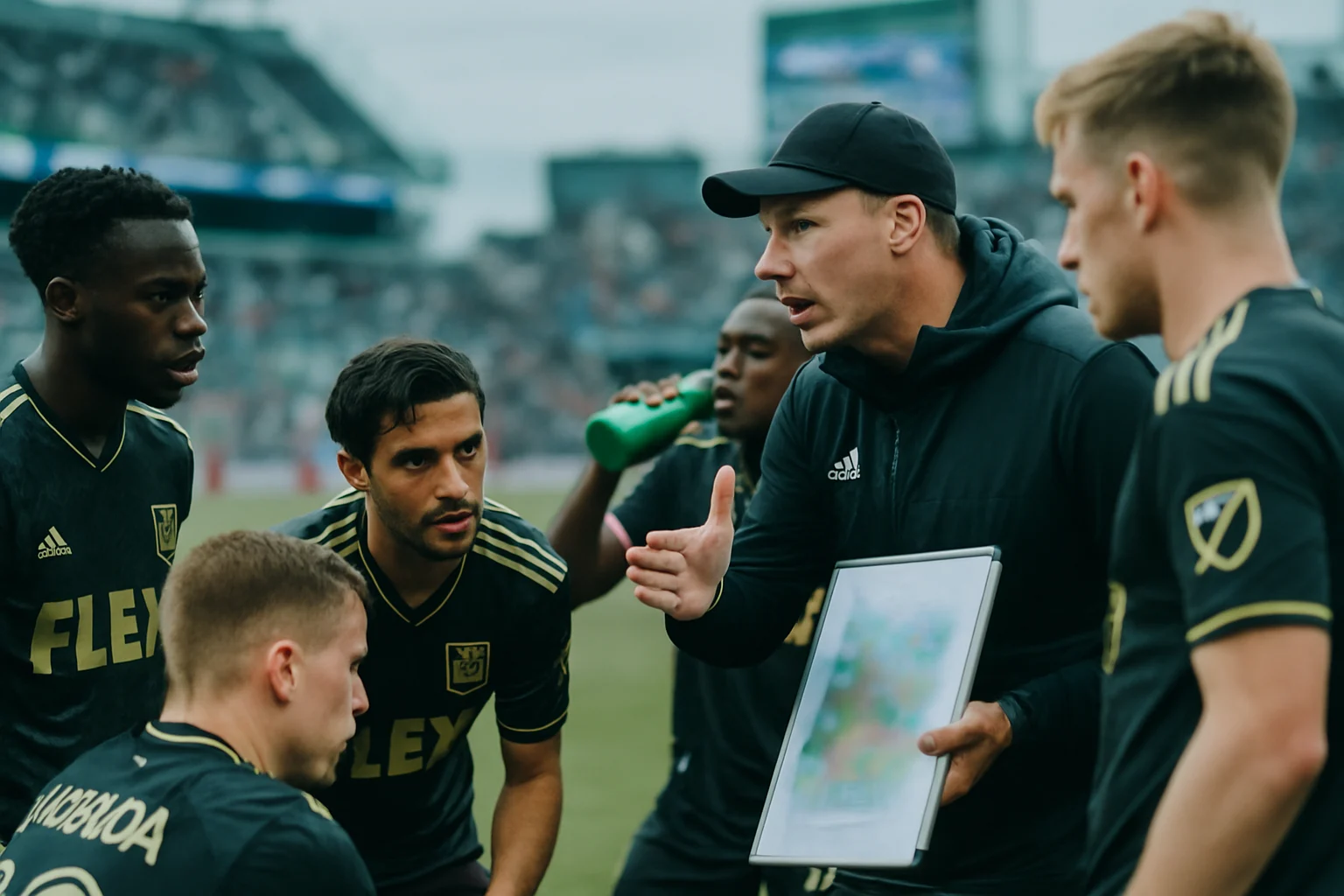 LAFC 엘에이 FC 선수단이 원정 경기에서 전술 지시를 받는 장면, 엘에이 fc 대 콜로라도 2026 MLS 경기