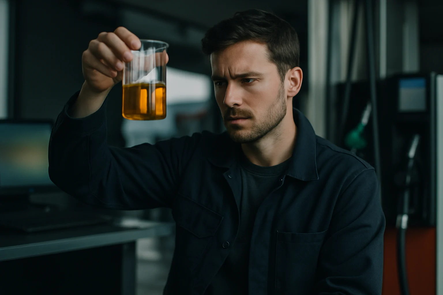 ガソリンスタンドの地下タンク点検作業員が燃料品質を確認している様子