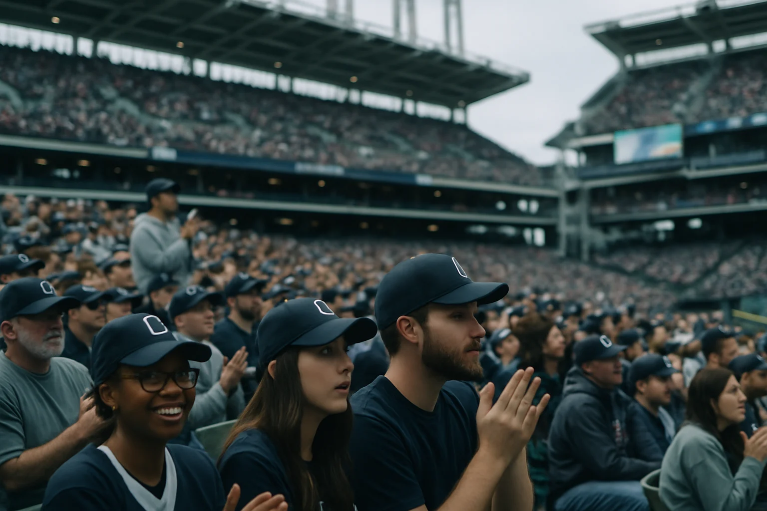 Baseball fans filling Progressive Field stands during an afternoon Royals vs Guardians game with bright sunlight streaming across the field