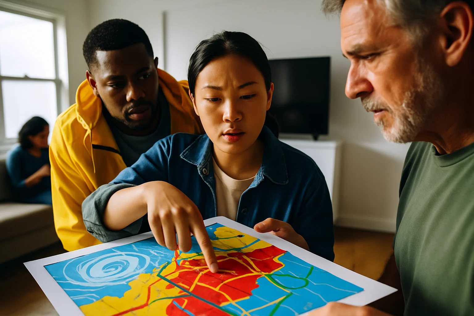 台風避難時の正しい姿勢と避難経路を示すイラスト図