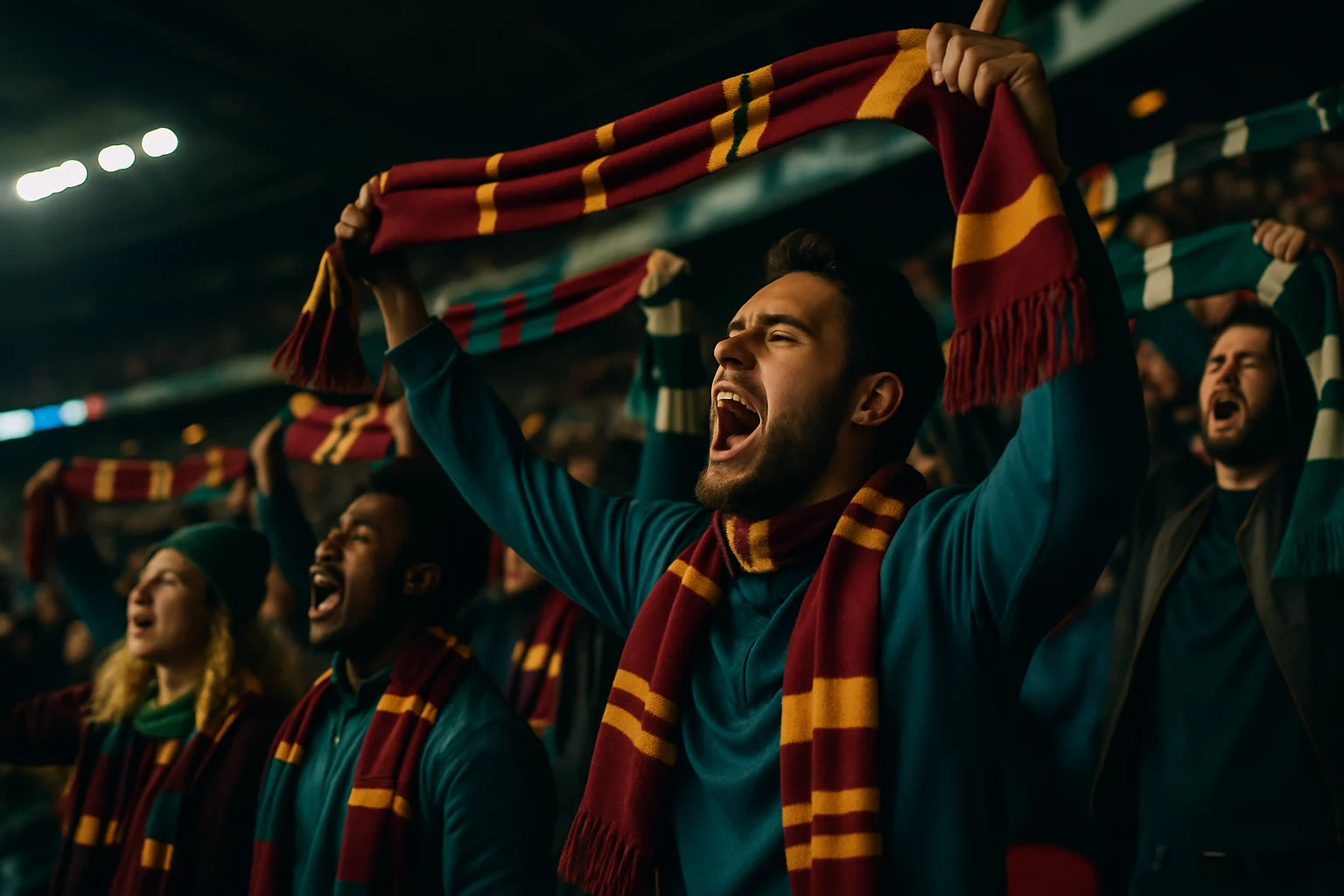 英超球場看台上球迷高舉圍巾齊聲歌唱的熱烈場面