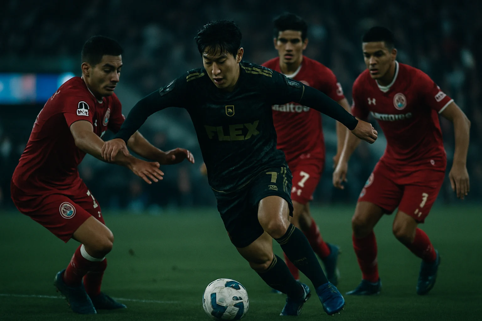 LAFC의 손흥민 선수가 톨루카 수비수 여러 명을 제치고 드리블하는 역동적인 모습