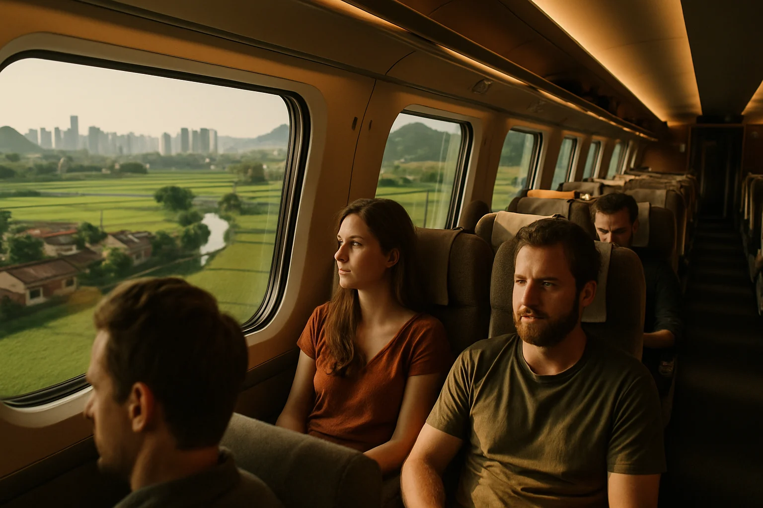 高铁列车行驶在中国大地上,车窗外是美丽的城乡风光