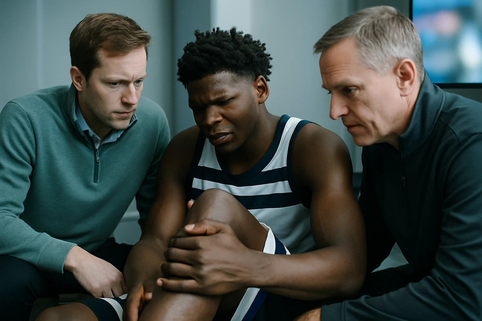 Anthony Edwards clutching his left knee on the Target Center court during Game 4 against the Denver Nuggets, April 2026 NBA playoffs