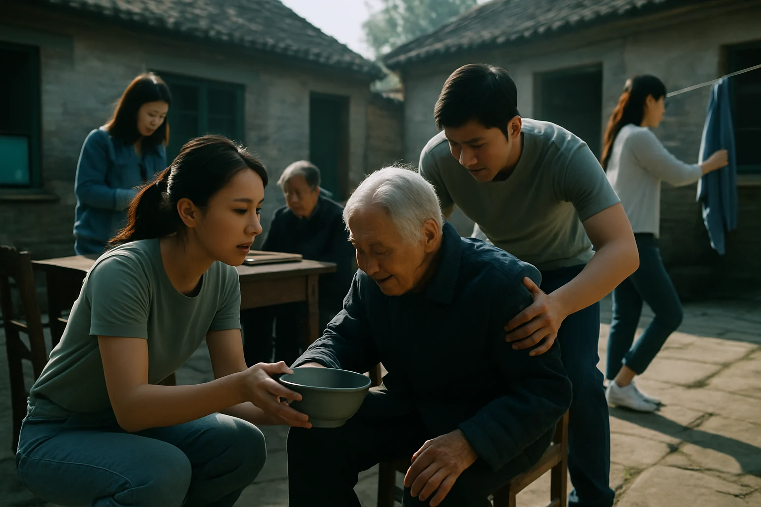 农村邻里互助养老服务场景，年轻村民帮助照护老人日常生活