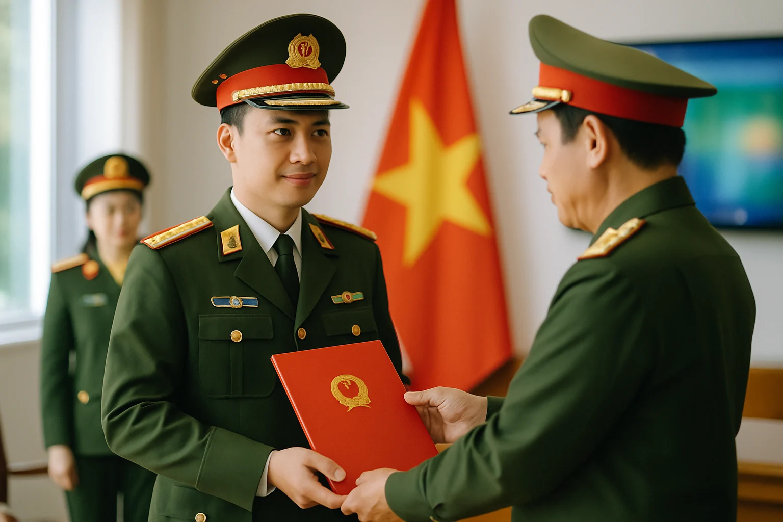 Thiếu tướng trẻ tuổi trong buổi lễ trao quyết định bổ nhiệm tại Bộ Tổng tham mưu với trang phục lễ phục quân đội