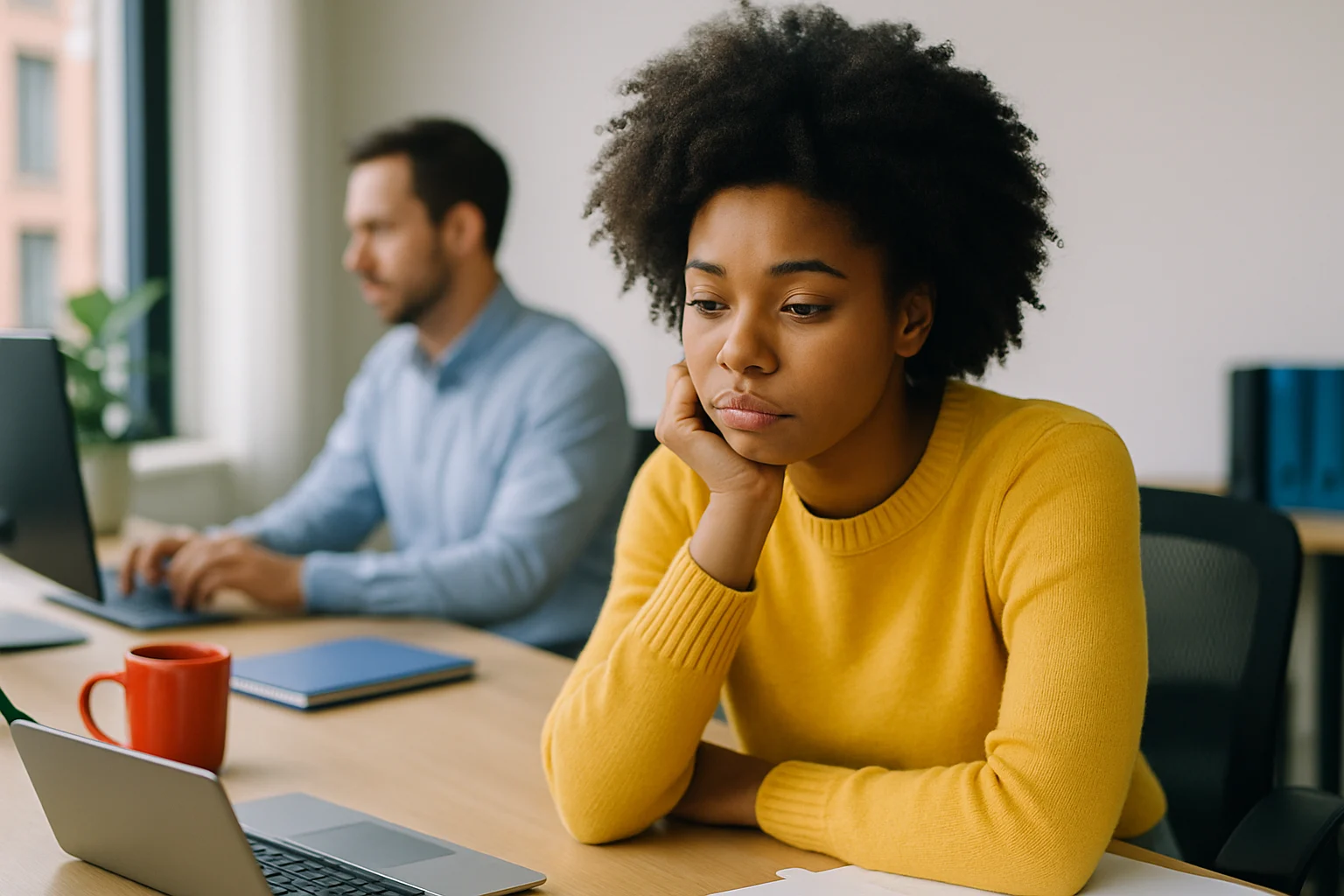 オフィスで最低限の業務のみを行う若手社員の様子