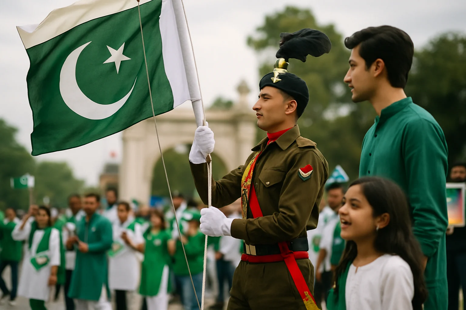 1947年のパキスタン独立記念日の様子、国旗を掲げる人々の歴史的写真
