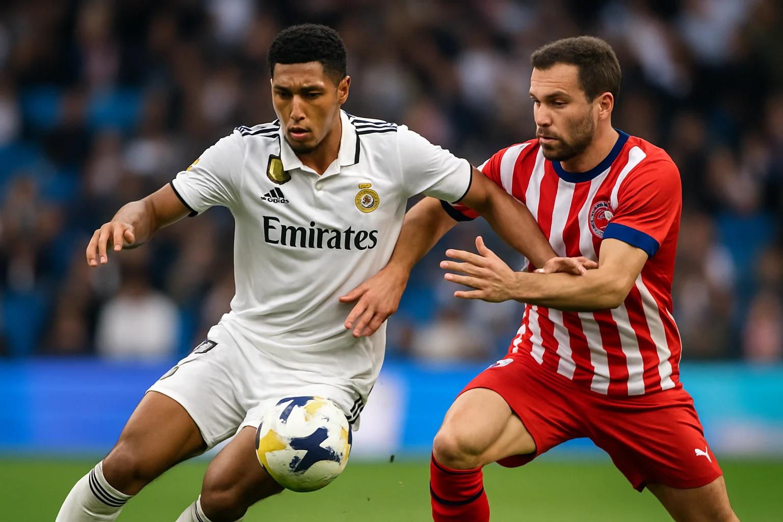 Jude Bellingham tranh bóng với cầu thủ Girona trong trận đấu tại Santiago Bernabéu