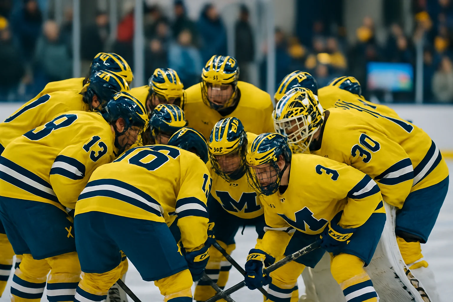 Michigan hockey team huddle on ice before important game with players in maize and blue uniforms