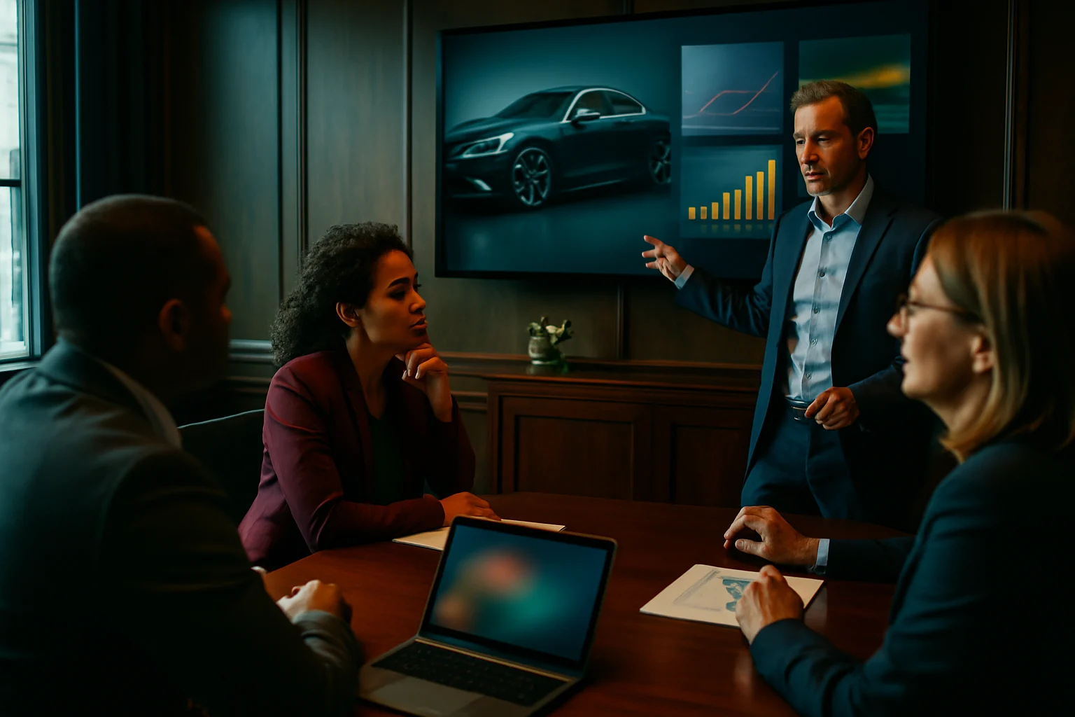 デンソーの株価チャートと投資家向け説明会の様子