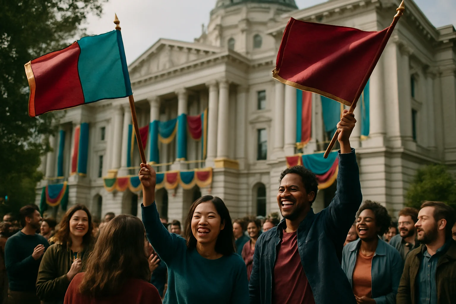 常州市政府大楼前悬挂庆祝横幅,市民聚集庆祝
