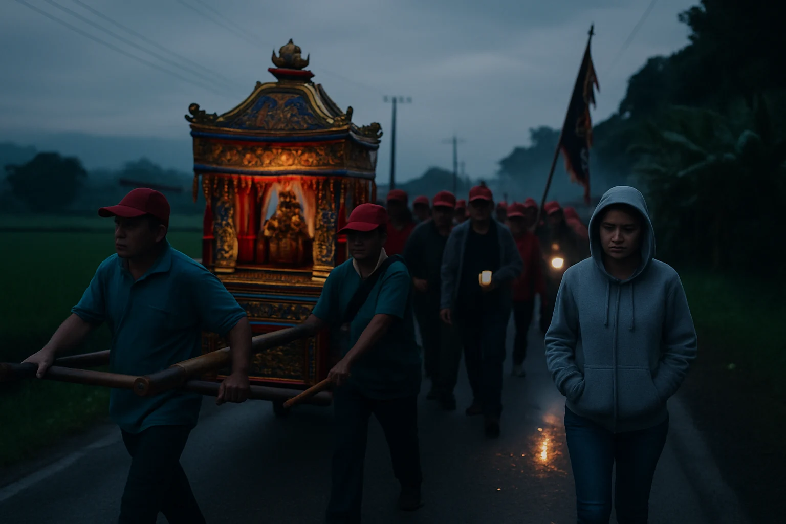 白沙屯媽祖神轎在鄉間小路上行進，轎夫們專注地抬著神轎，周圍是虔誠的香燈腳
