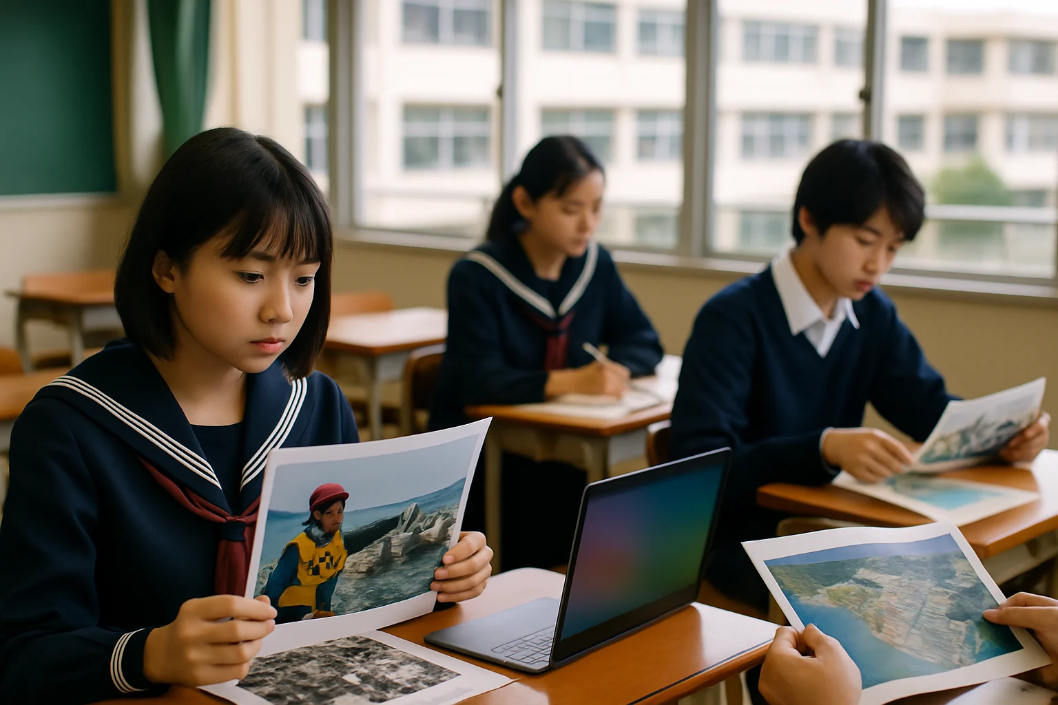 同志社国際高等学校の校舎と平和学習の様子