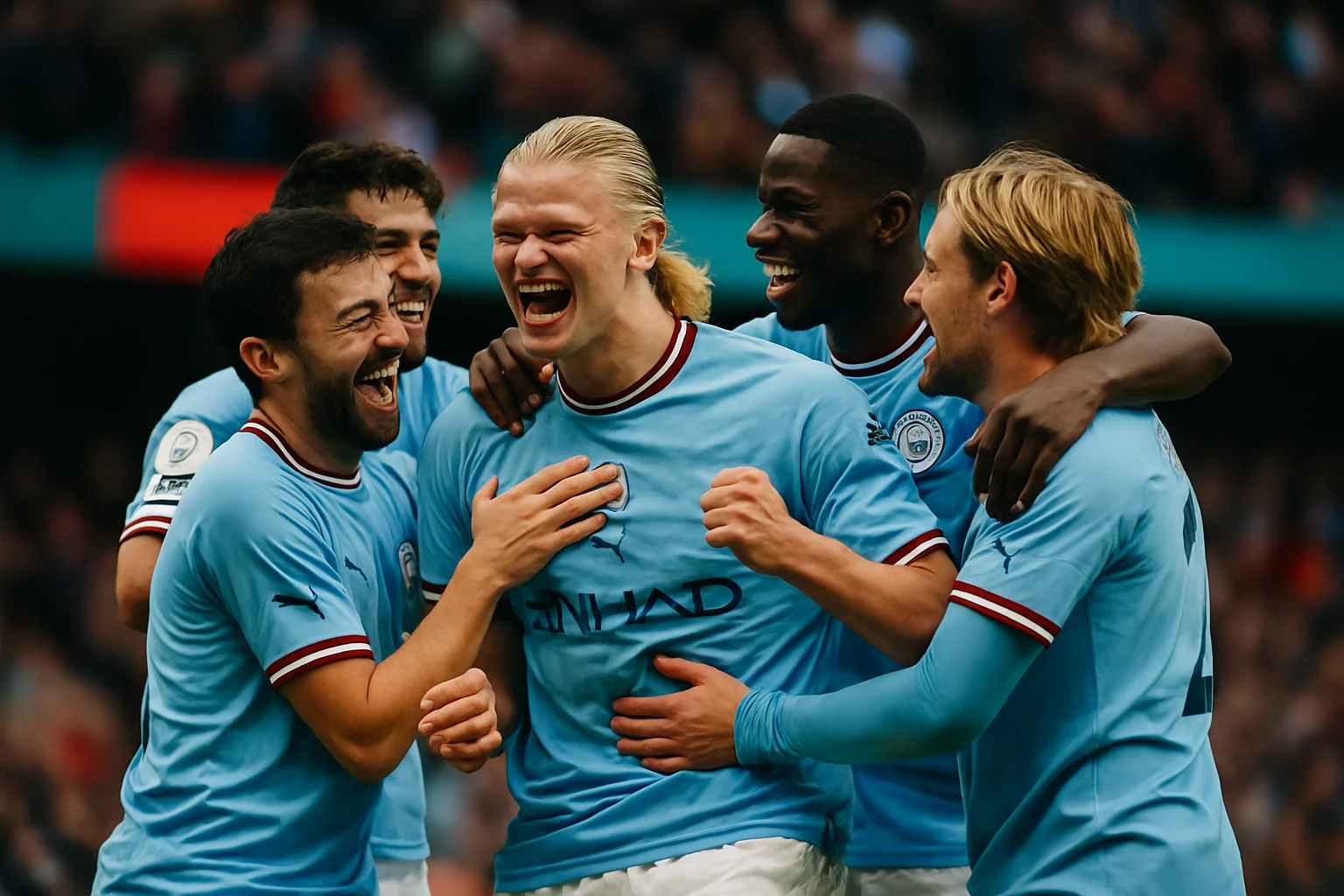 Manchester City players celebrating Haaland's hat-trick against Brighton at Etihad Stadium