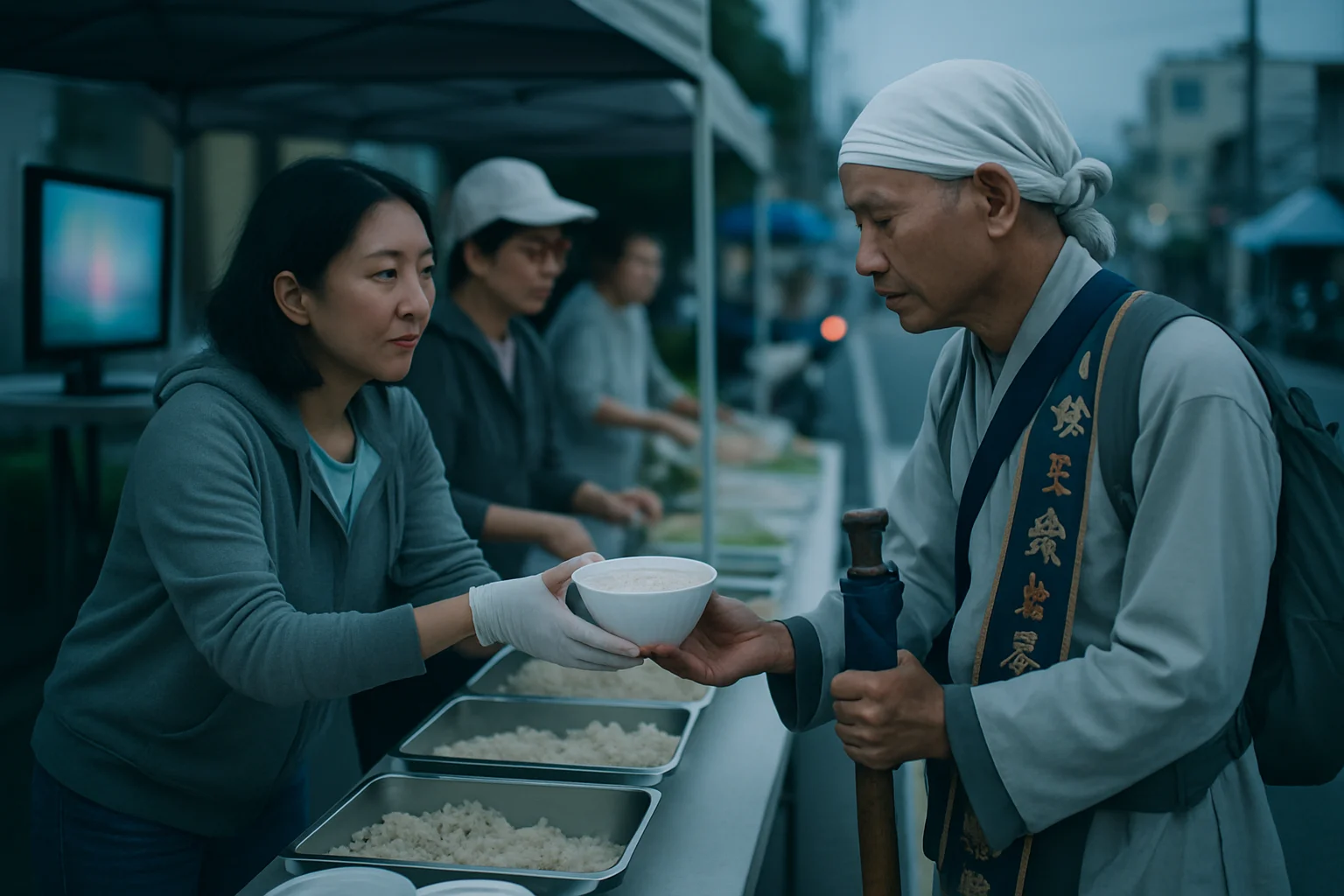 白沙屯媽祖進香沿途信眾在路邊搭設補給桌,擺放食物飲水供香燈腳免費取用